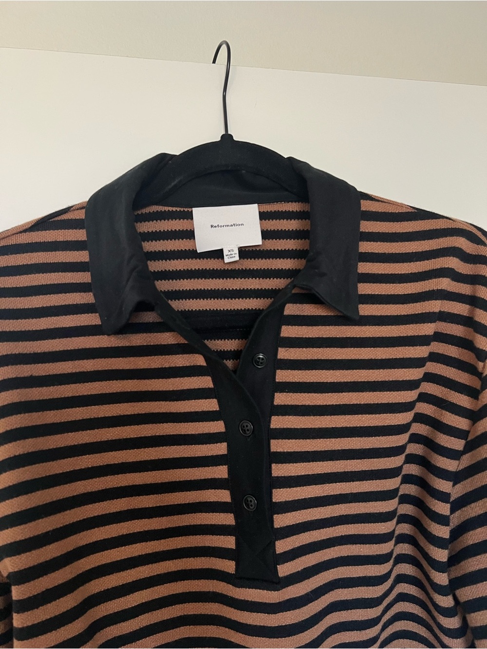 Reformation Anna Rugby Shirt - Black and Tan Stripe - Picture 2 of 7